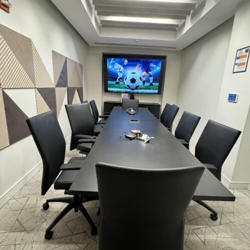 An image of Medium Conference Room converted to a FIFA World Cup Watch & Work. Just 10 minutes away from JFK airport, Greater Nexus offers this private space for football/soccer fans. Don't miss out on watching USA, Mexico, Canada, Argentina, France & Portugal, and don't miss out on your favorite stars like Messi, Cristiano Ronaldo and Mbappe. To be streamed by FOX Sports app!