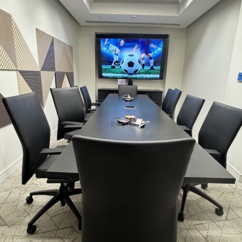 An image of Medium Conference Room converted to a FIFA World Cup Watch & Work. Just 10 minutes away from JFK airport, Greater Nexus offers this private space for football/soccer fans. Don't miss out on watching USA, Mexico, Canada, Argentina, France & Portugal, and don't miss out on your favorite stars like Messi, Cristiano Ronaldo and Mbappe. To be streamed by FOX Sports app!