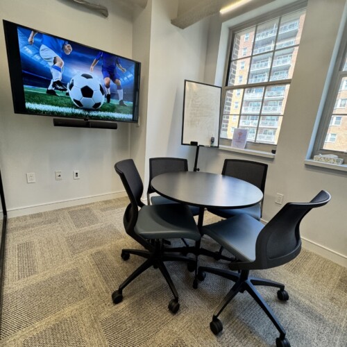 An image of Small Meeting Room converted to a FIFA World Cup Watch & Work. Just 10 minutes away from JFK airport, Greater Nexus offers this private space for football/soccer fans. Don't miss out on watching USA, Mexico, Canada, Argentina, France & Portugal, and don't miss out on your favorite stars like Messi, Cristiano Ronaldo and Mbappe. To be streamed by FOX Sports app!