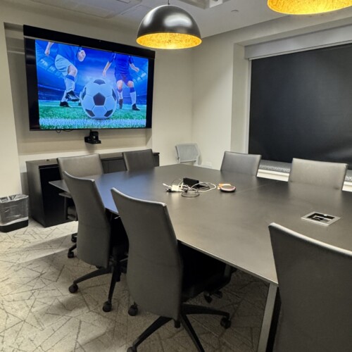 An image of our Executive Conference Room converted to a FIFA World Cup Watch & Work. Just 10 minutes away from JFK airport, Greater Nexus offers this private space for football/soccer fans. Don't miss out on watching USA, Mexico, Canada, Argentina, France & Portugal, and don't miss out on your favorite stars like Messi, Cristiano Ronaldo and Mbappe. To be streamed by FOX Sports app!