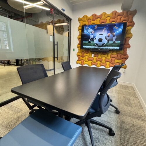 An image of Small Meeting Room converted to a FIFA World Cup Watch & Work. Just 10 minutes away from JFK airport, Greater Nexus offers this private space for football/soccer fans. Don't miss out on watching USA, Mexico, Canada, Argentina, France & Portugal, and don't miss out on your favorite stars like Messi, Cristiano Ronaldo and Mbappe. To be streamed by FOX Sports app!